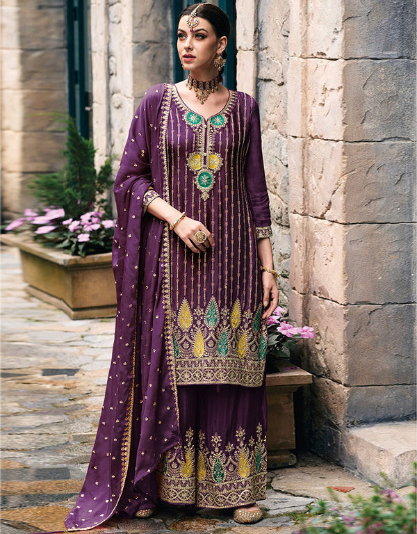 Designer Party Wear Chinon Silk Salwar Suit Collection Purple Chinon Silk Palazzo Straight Front View